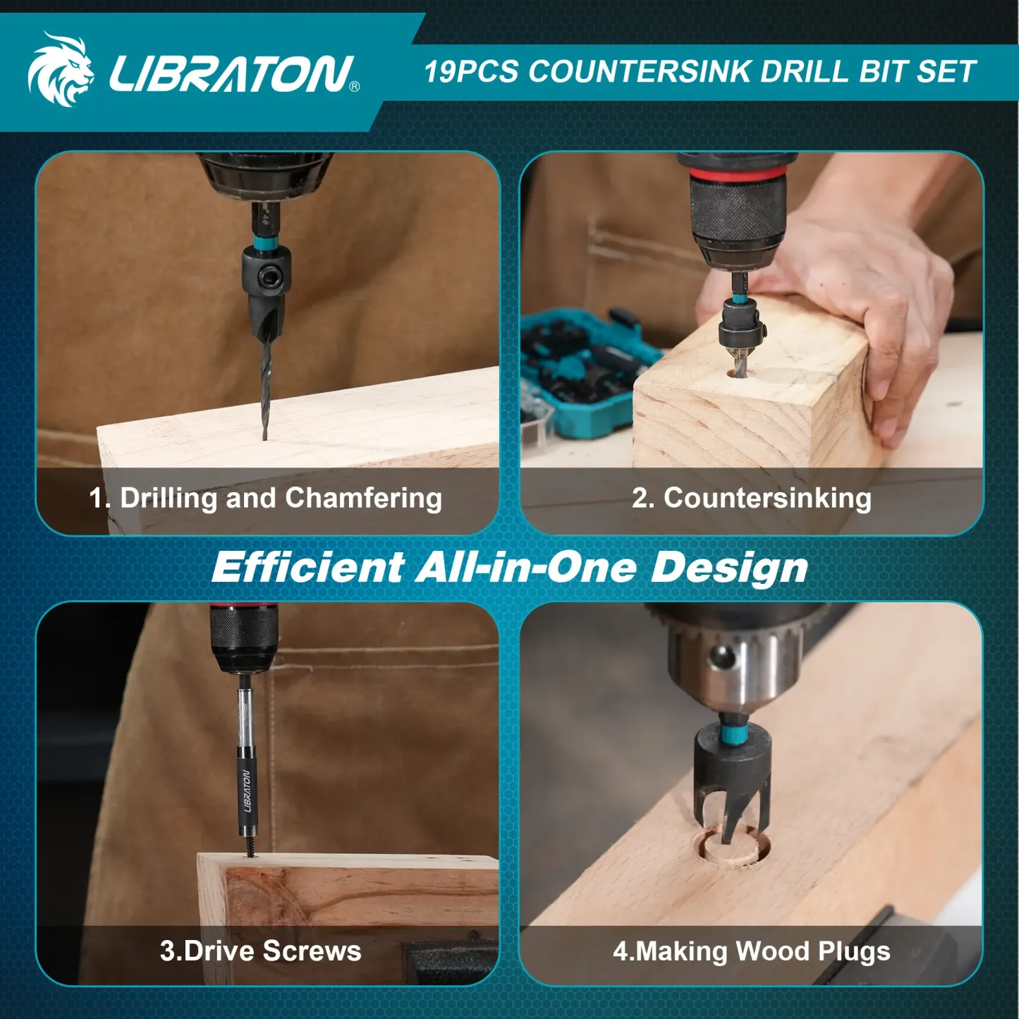 19-Piece Professional Countersink Drill Bit Set – Tapered Bits for Woodworking | Wood Plug Cutters & 1/4" Hex Shank | Precision Depth Control for Flawless Joinery