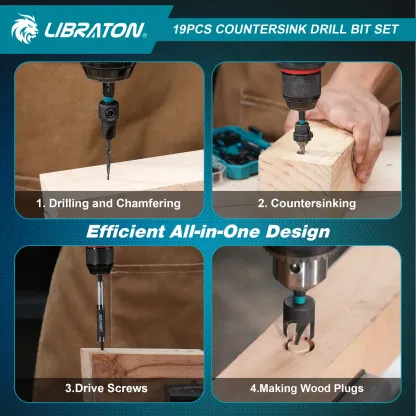 19-Piece Professional Countersink Drill Bit Set – Tapered Bits for Woodworking | Wood Plug Cutters & 1/4" Hex Shank | Precision Depth Control for Flawless Joinery