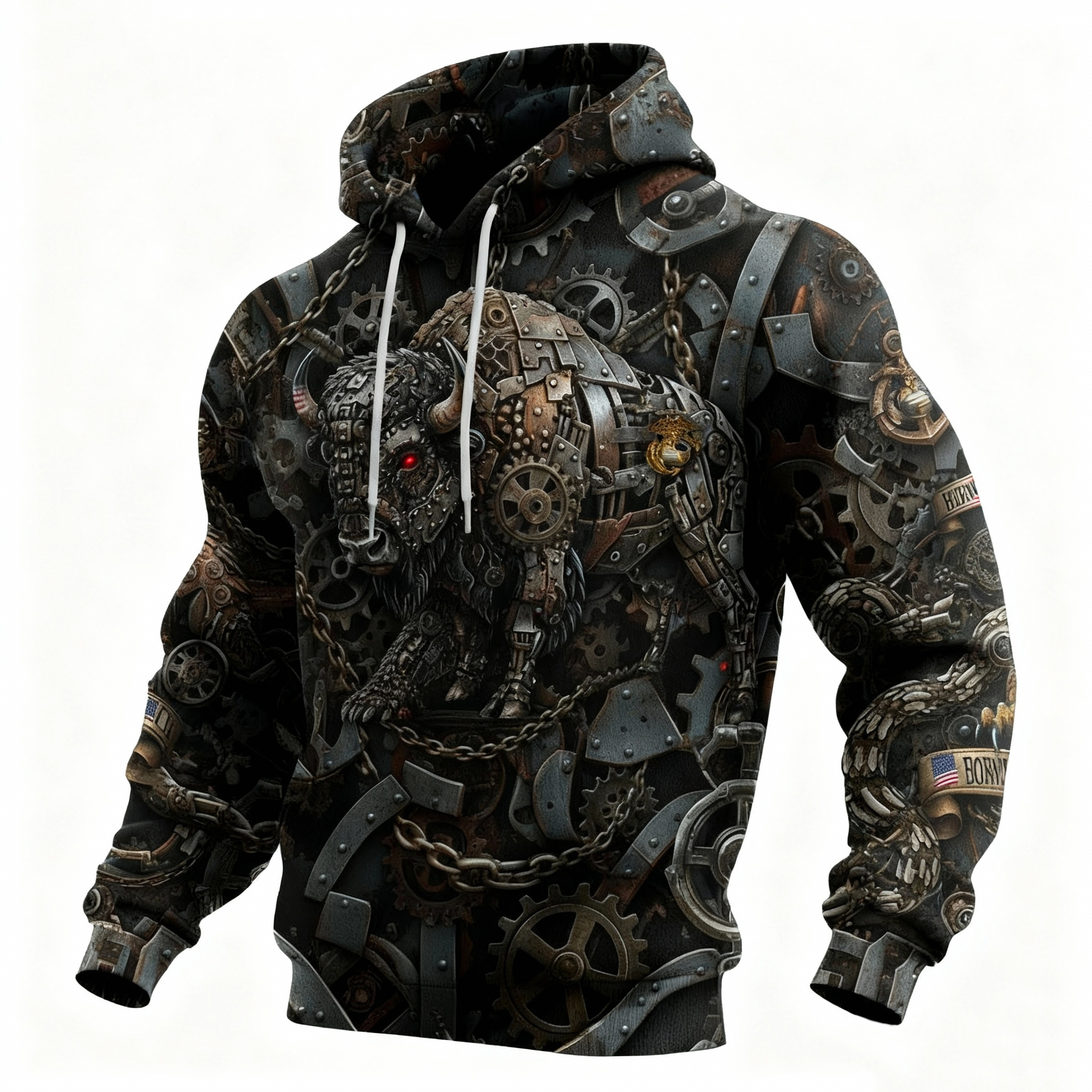  “Steampunk Mechanical Bison・American Iron-Blood Totem” Hardcore Military-Style Hoodie