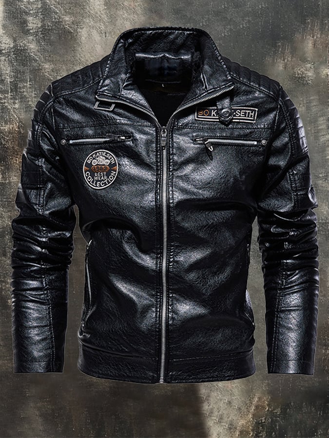 (Inner Pocket Design) Men's Retro Motorcycle Washed Leather Stand-Up Collar Jacket
