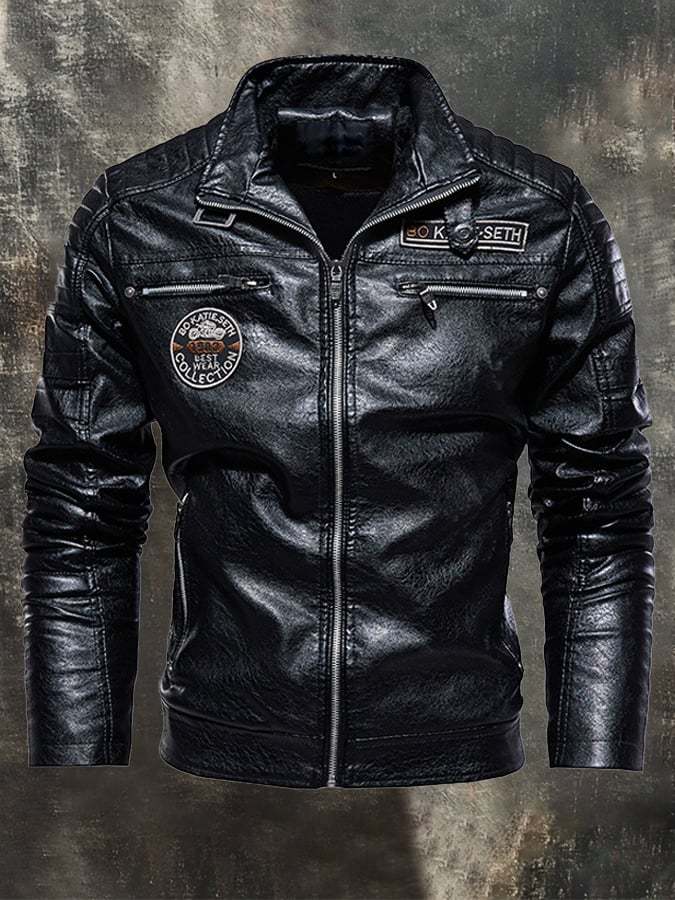 (Inner Pocket Design) Men's Retro Motorcycle Washed Leather Stand-Up Collar Jacket