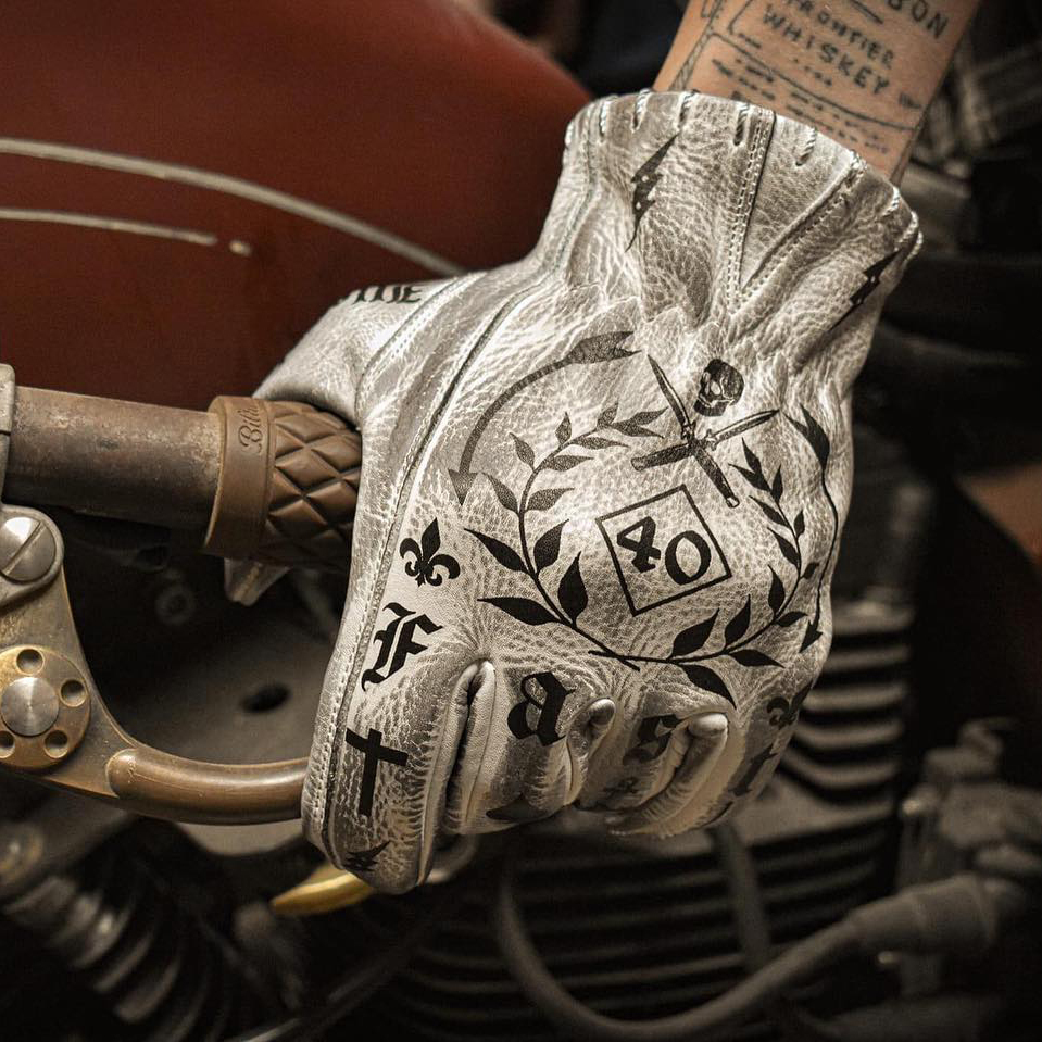 Tattoo inspired white distressed leather graphic printed motorcycle gloves