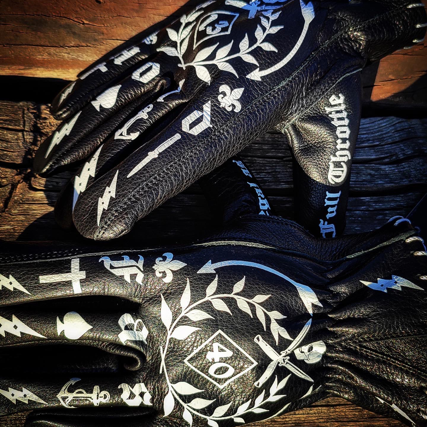 Gothic tattoo art printed black premium leather motorcycle riding gloves