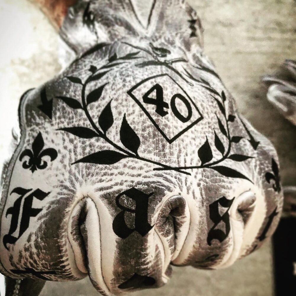 Tattoo inspired white distressed leather graphic printed motorcycle gloves