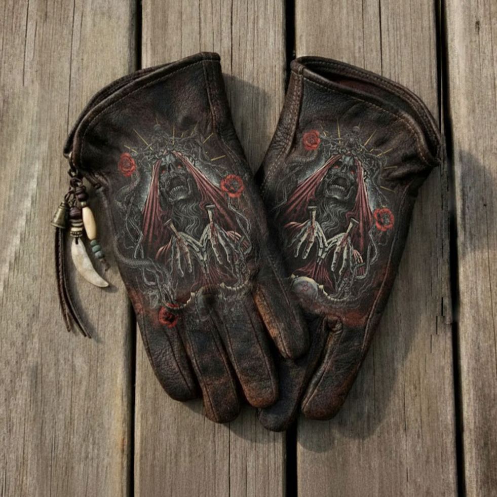 American Frontier Style Majestic Eagle Graphic Distressed Leather Gloves