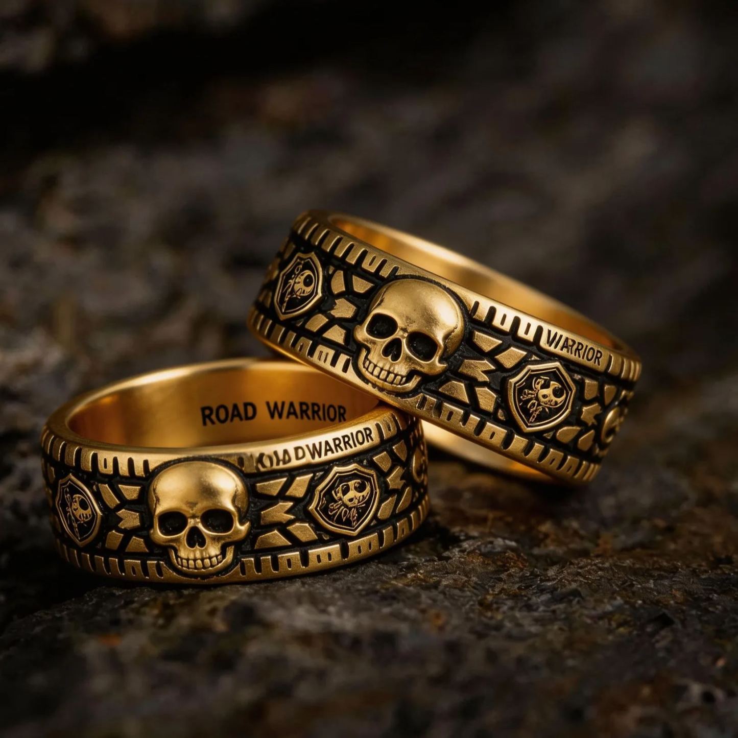 Vintage Harley-style rubber tire texture gold ring