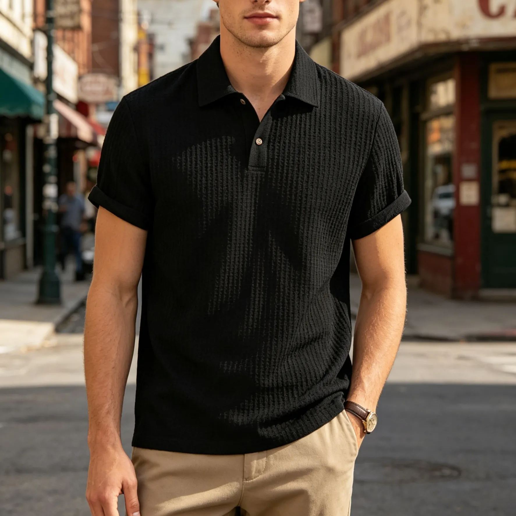 Men's solid color pique knit polo shirt
