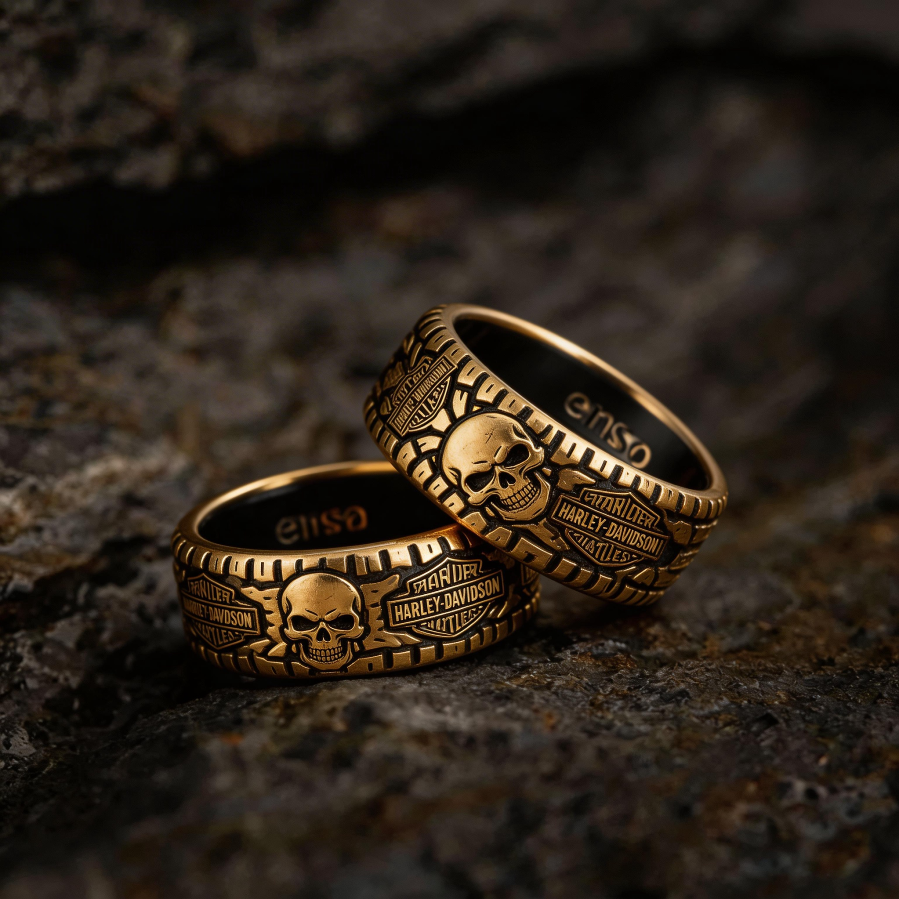 Vintage Harley-style rubber tire texture gold ring