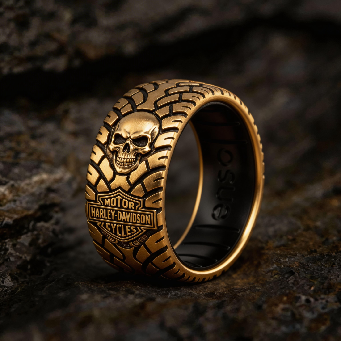 Vintage Harley-style rubber tire texture gold ring