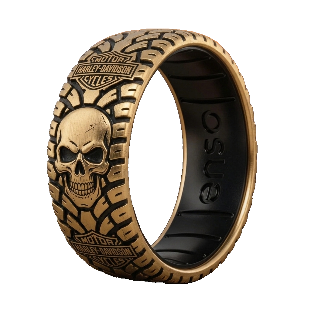 Vintage Harley-style rubber tire texture gold ring