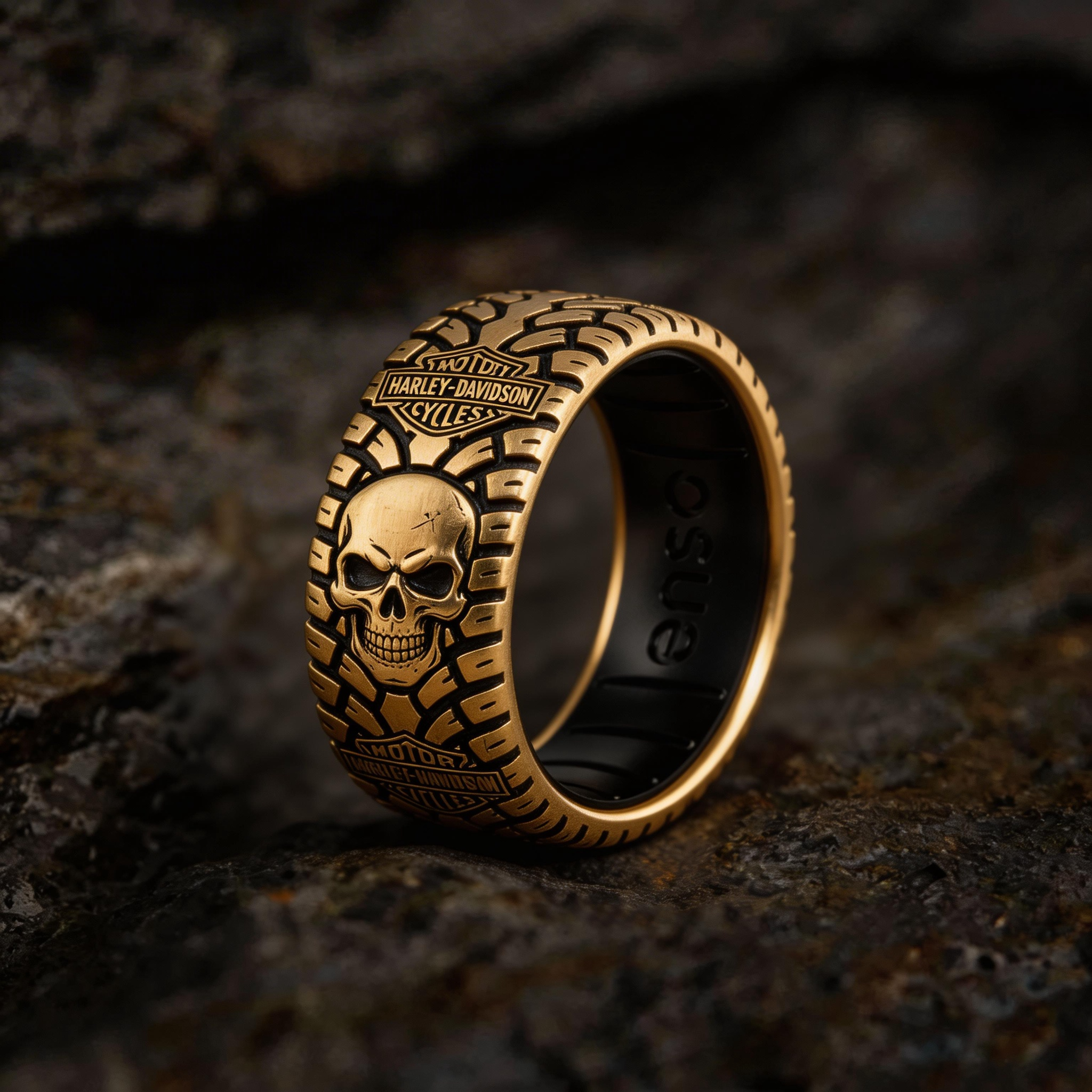 Vintage Harley-style rubber tire texture gold ring