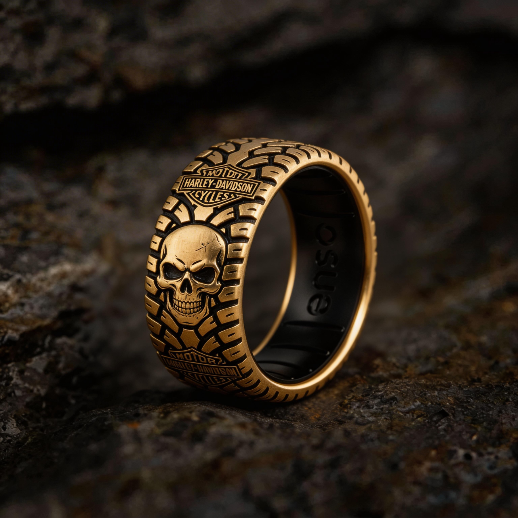 Vintage Harley-style rubber tire texture gold ring