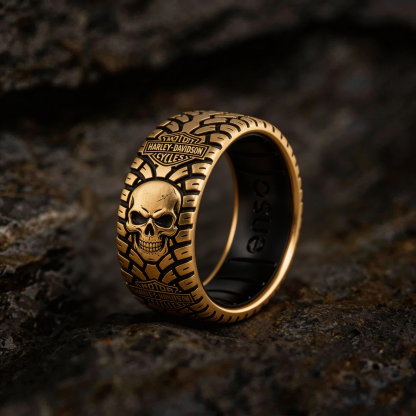 Vintage Harley-style rubber tire texture gold ring