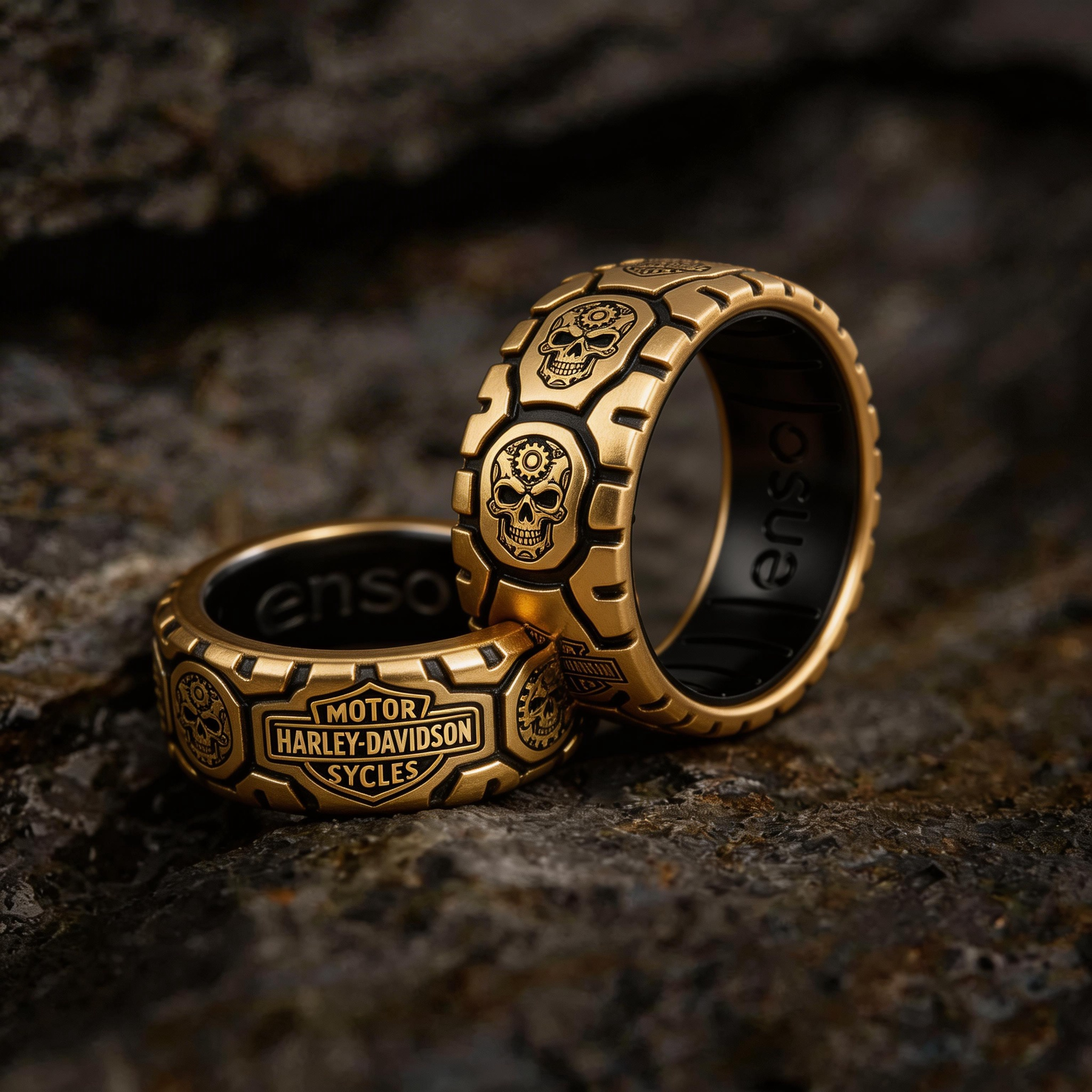 Vintage Harley-style rubber tire texture gold ring