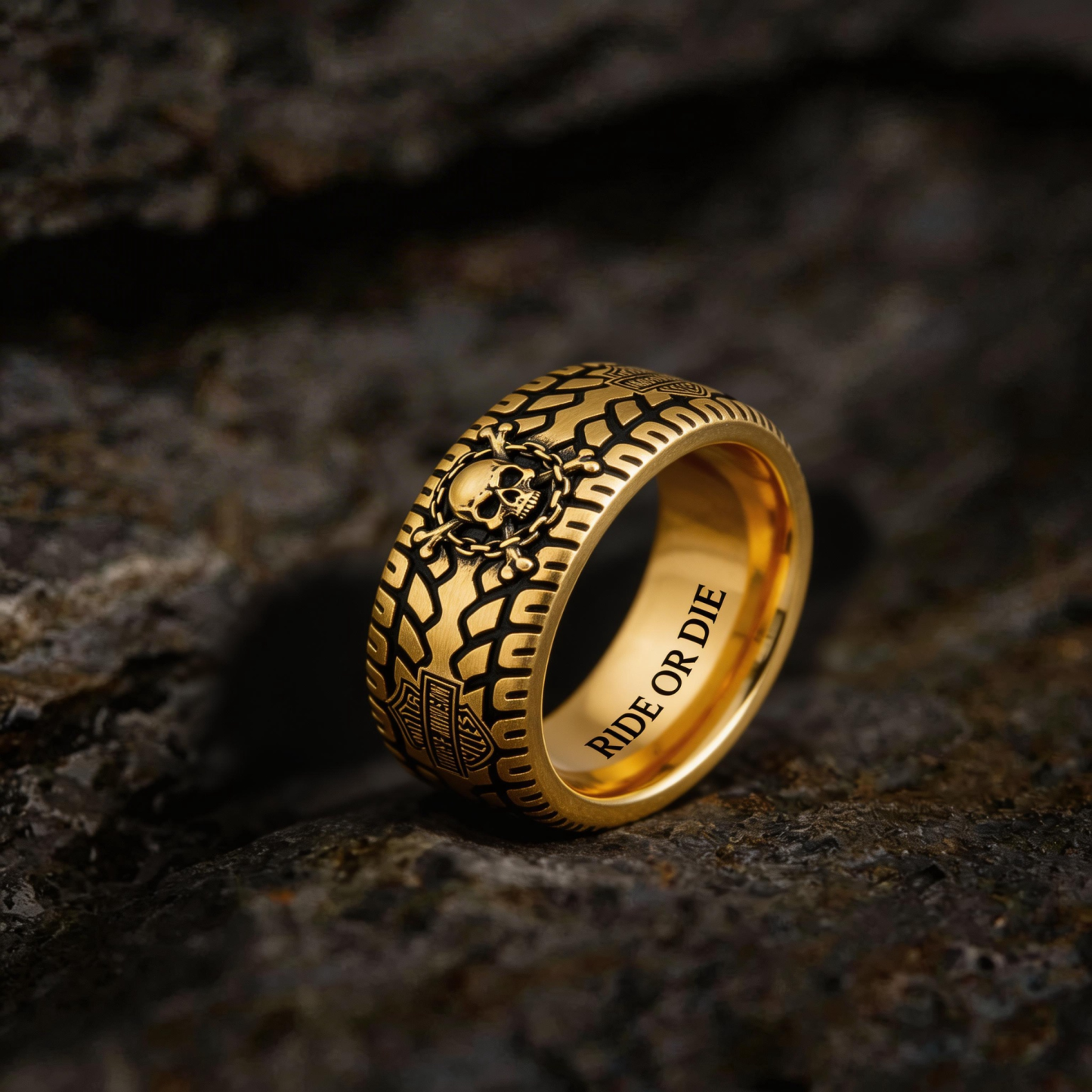 Vintage Harley-style rubber tire texture gold ring