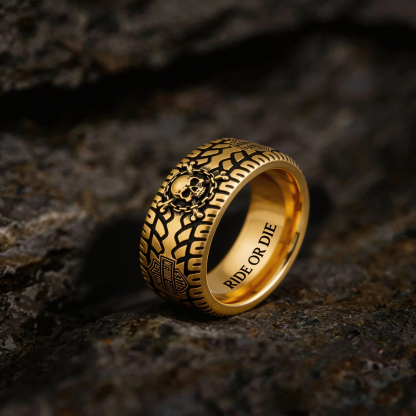 Vintage Harley-style rubber tire texture gold ring