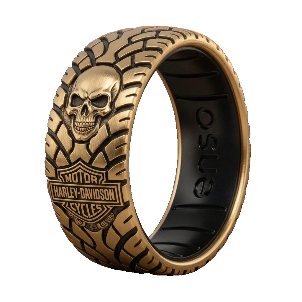 Vintage Harley-style rubber tire texture gold ring