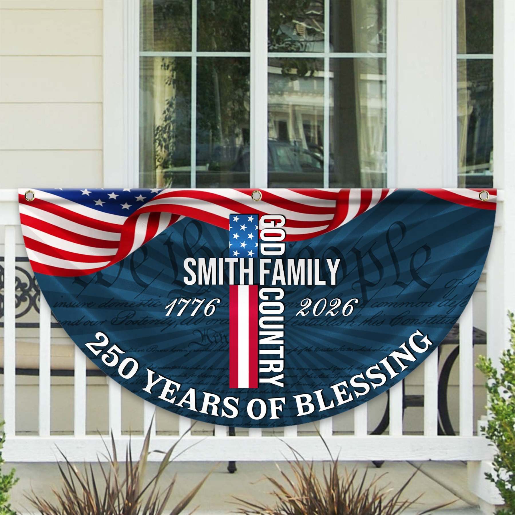 Custom Family Name Patriotic American Flag, 250 Years of Blessing God Fan Flag