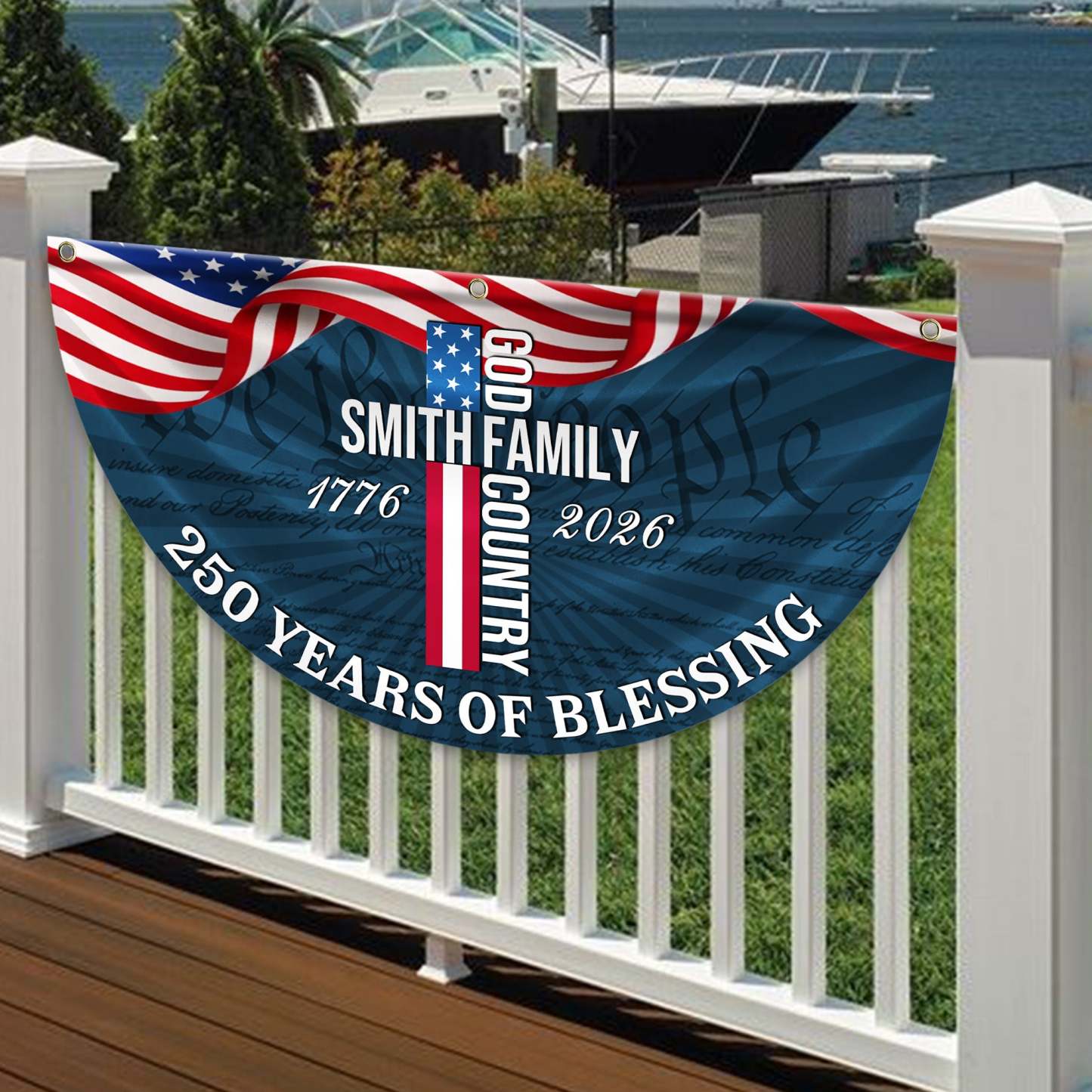 Custom Family Name Patriotic American Flag, 250 Years of Blessing God Fan Flag