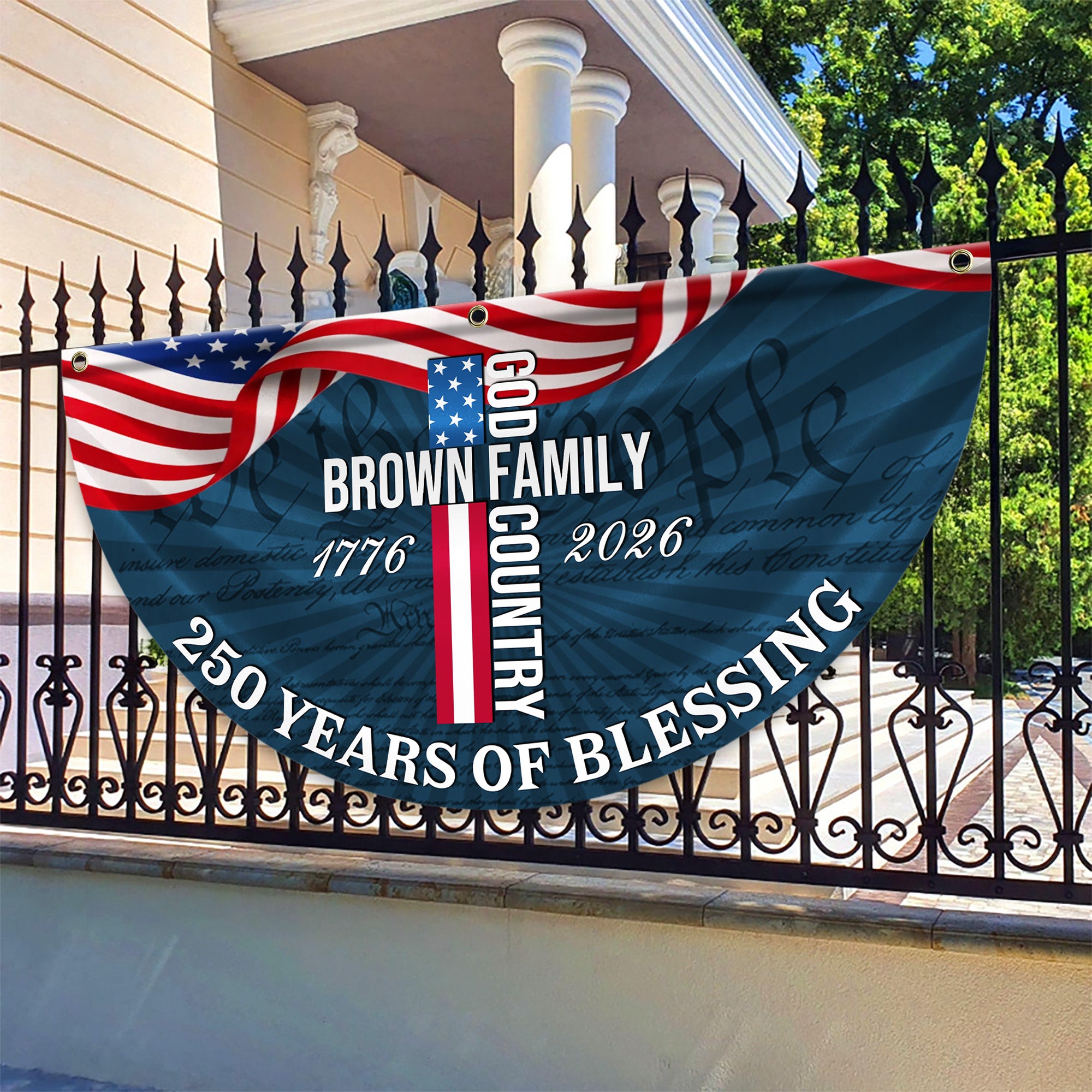 Custom Family Name Patriotic American Flag, 250 Years of Blessing God Fan Flag