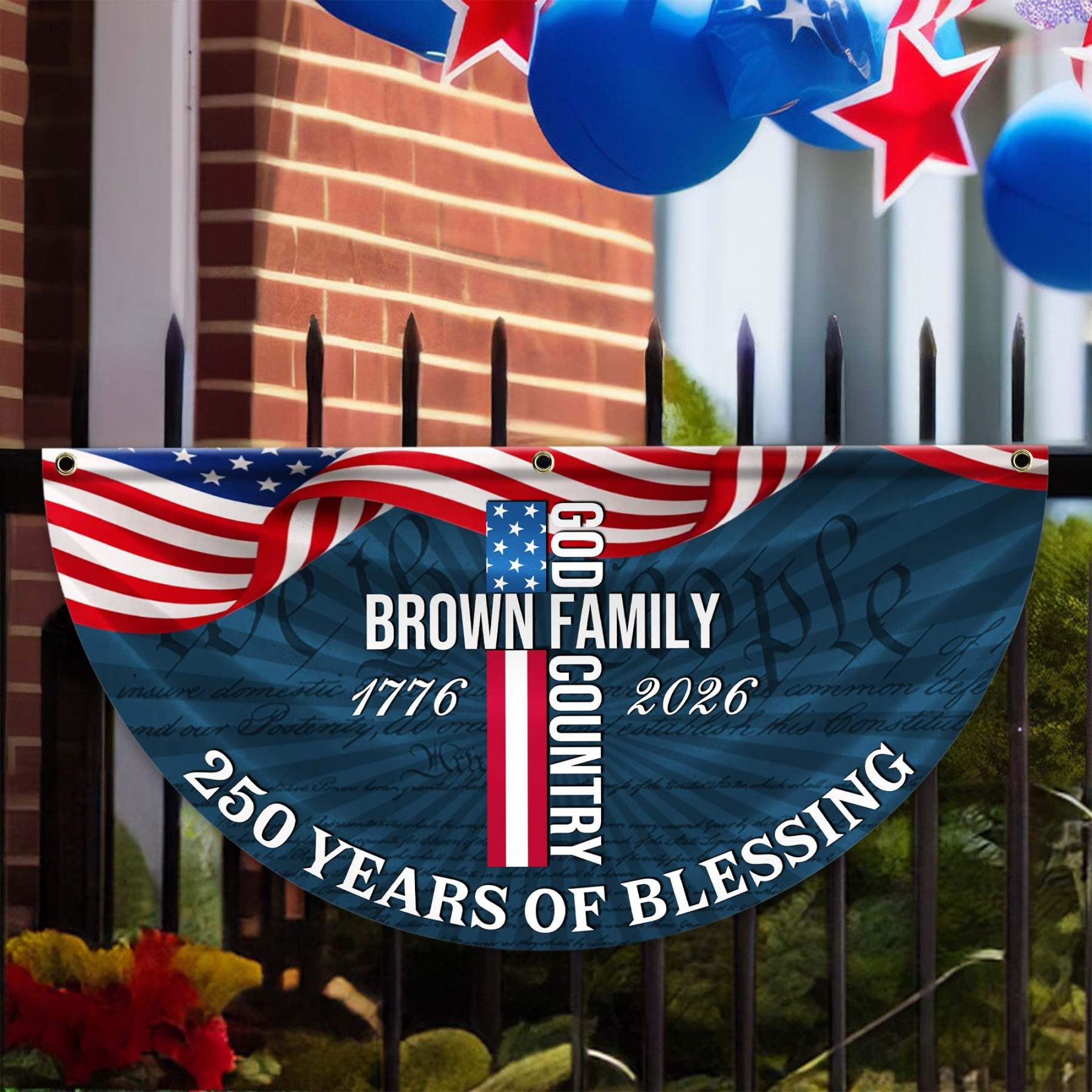 Custom Family Name Patriotic American Flag, 250 Years of Blessing God Fan Flag