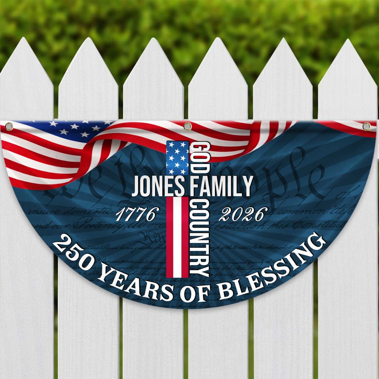 Custom Family Name Patriotic American Flag, 250 Years of Blessing God Fan Flag