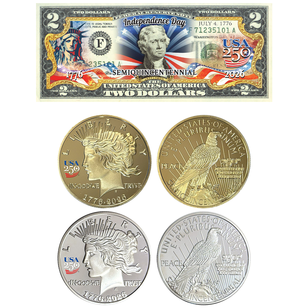 USA 250th Patriotic Bundle – Peace Coins & Independence $2 Bill