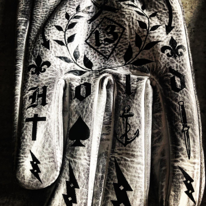 Tattoo inspired white distressed leather graphic printed motorcycle gloves