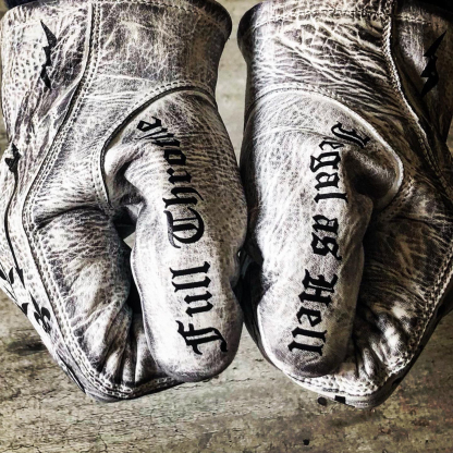 Tattoo inspired white distressed leather graphic printed motorcycle gloves