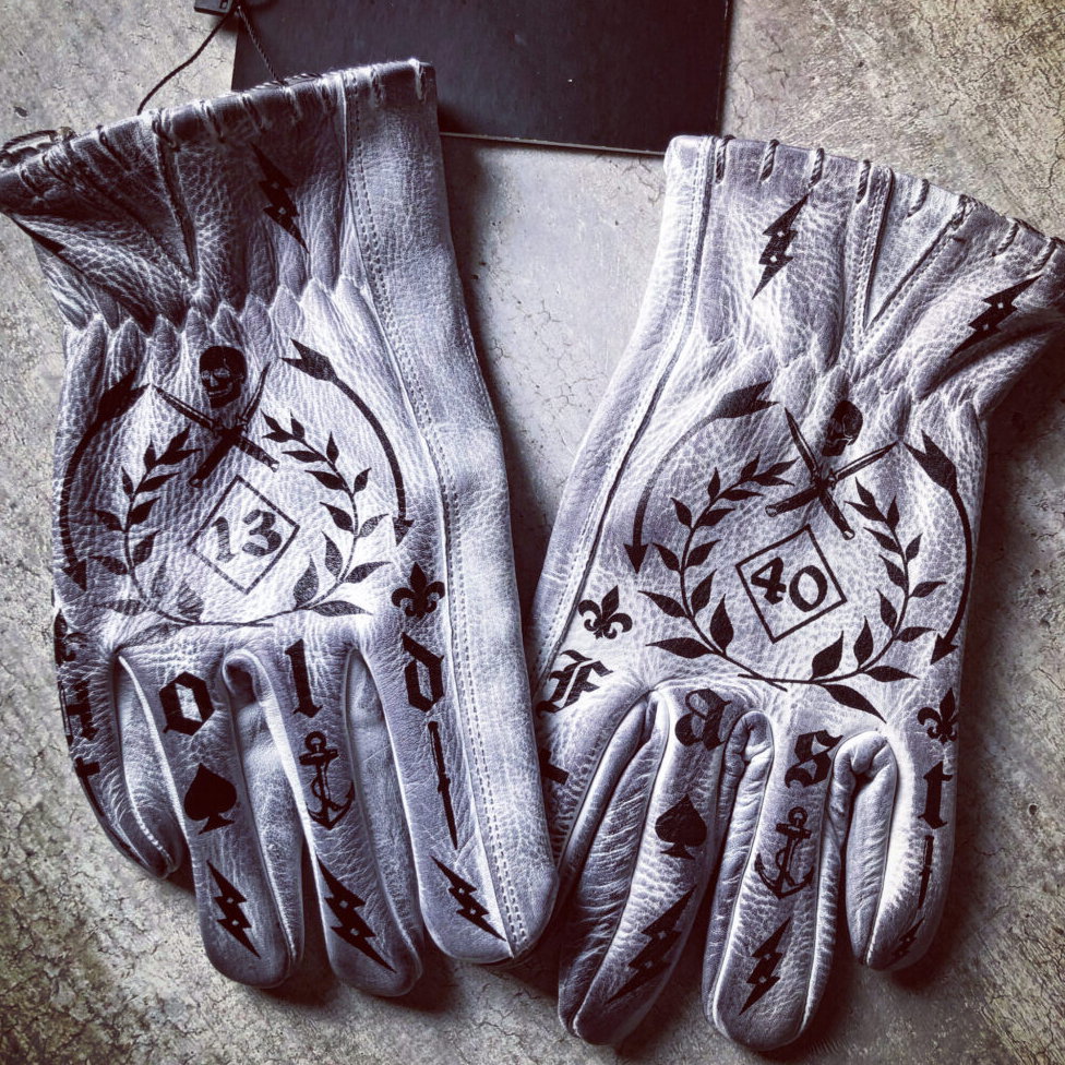 Tattoo inspired white distressed leather graphic printed motorcycle gloves