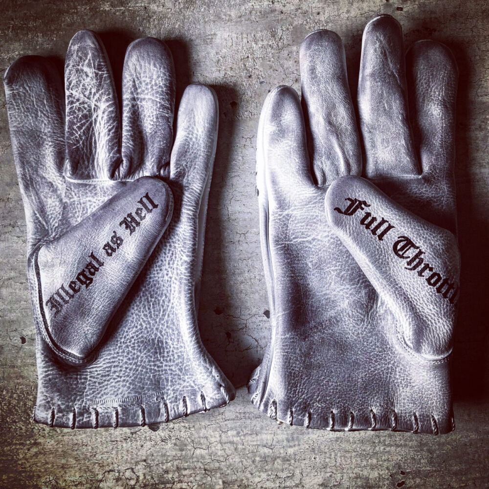 Tattoo inspired white distressed leather graphic printed motorcycle gloves