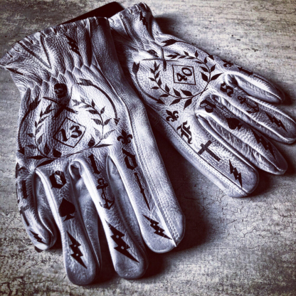 Tattoo inspired white distressed leather graphic printed motorcycle gloves