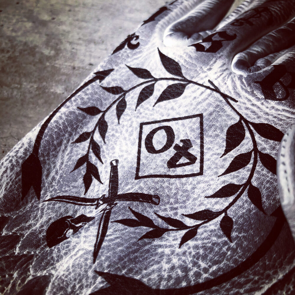 Tattoo inspired white distressed leather graphic printed motorcycle gloves