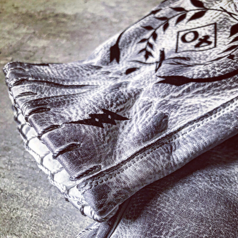 Tattoo inspired white distressed leather graphic printed motorcycle gloves