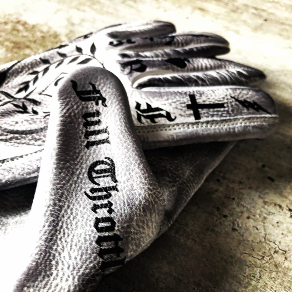 Tattoo inspired white distressed leather graphic printed motorcycle gloves