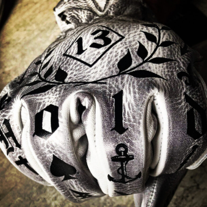Tattoo inspired white distressed leather graphic printed motorcycle gloves