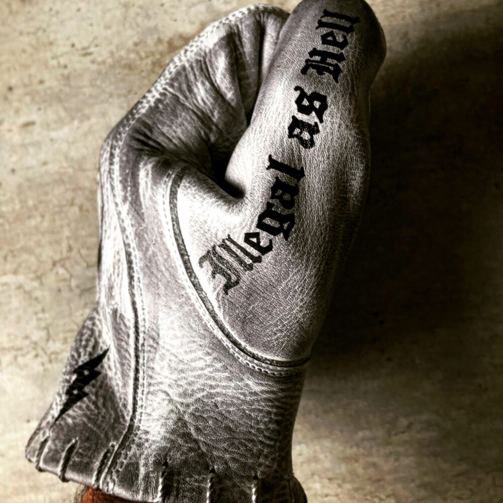 Tattoo inspired white distressed leather graphic printed motorcycle gloves