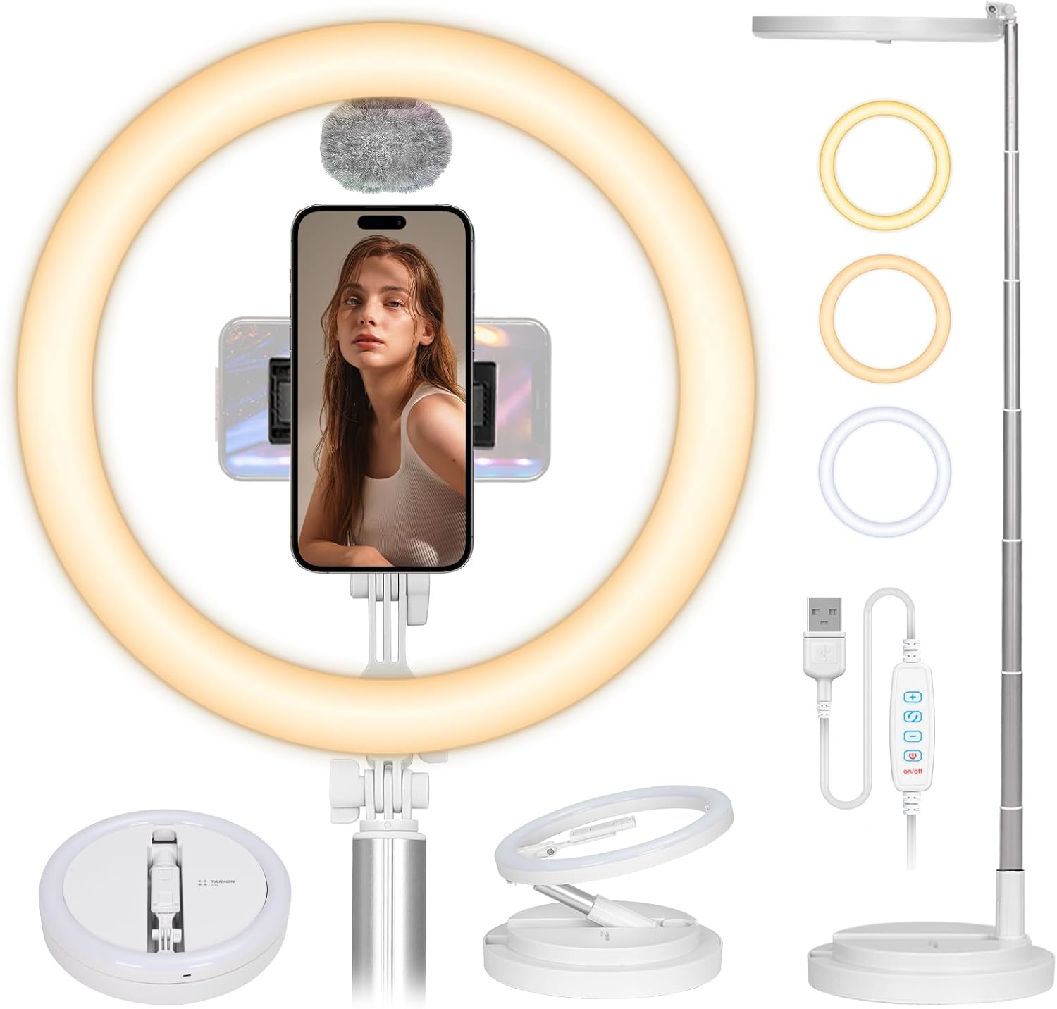 Luce ad anello per selfie con supporto: luce pieghevole da 11,8 pollici con supporto per telefono e attacco per slitta fredda, luce ad anello da tavolo alta per videografia, fotografia, luce di bellezza a LED, luminosità regolabile, bianco Y3