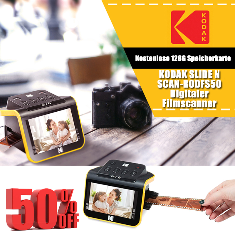 Digitale Film-, Film- und Diascanner von KODAK, die Farb- und Schwarzweißnegative und -dias im Format 35 mm, 126 mm und 110 mm in hochauflösende digitale JPEG-Fotos mit 22 Megapixeln umwandeln.