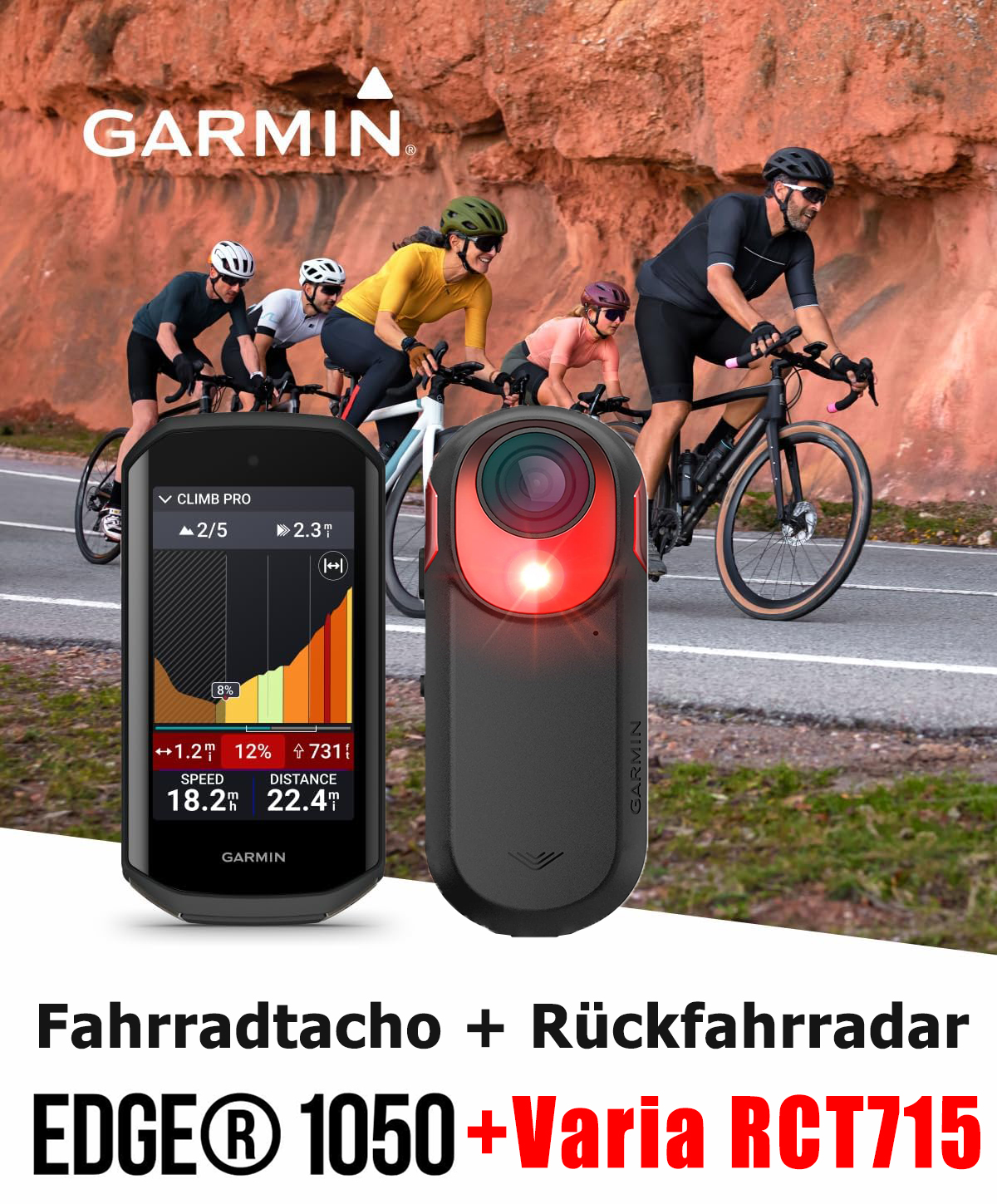 Garmin Edge 1050® + Garmin Varia RCT715 Fahrradtacho + Rückfahrradar. Mit integriertem Lautsprecher, der durch visuelle und akustische Warnungen vor Gefahren im Straßenverkehr warnt.