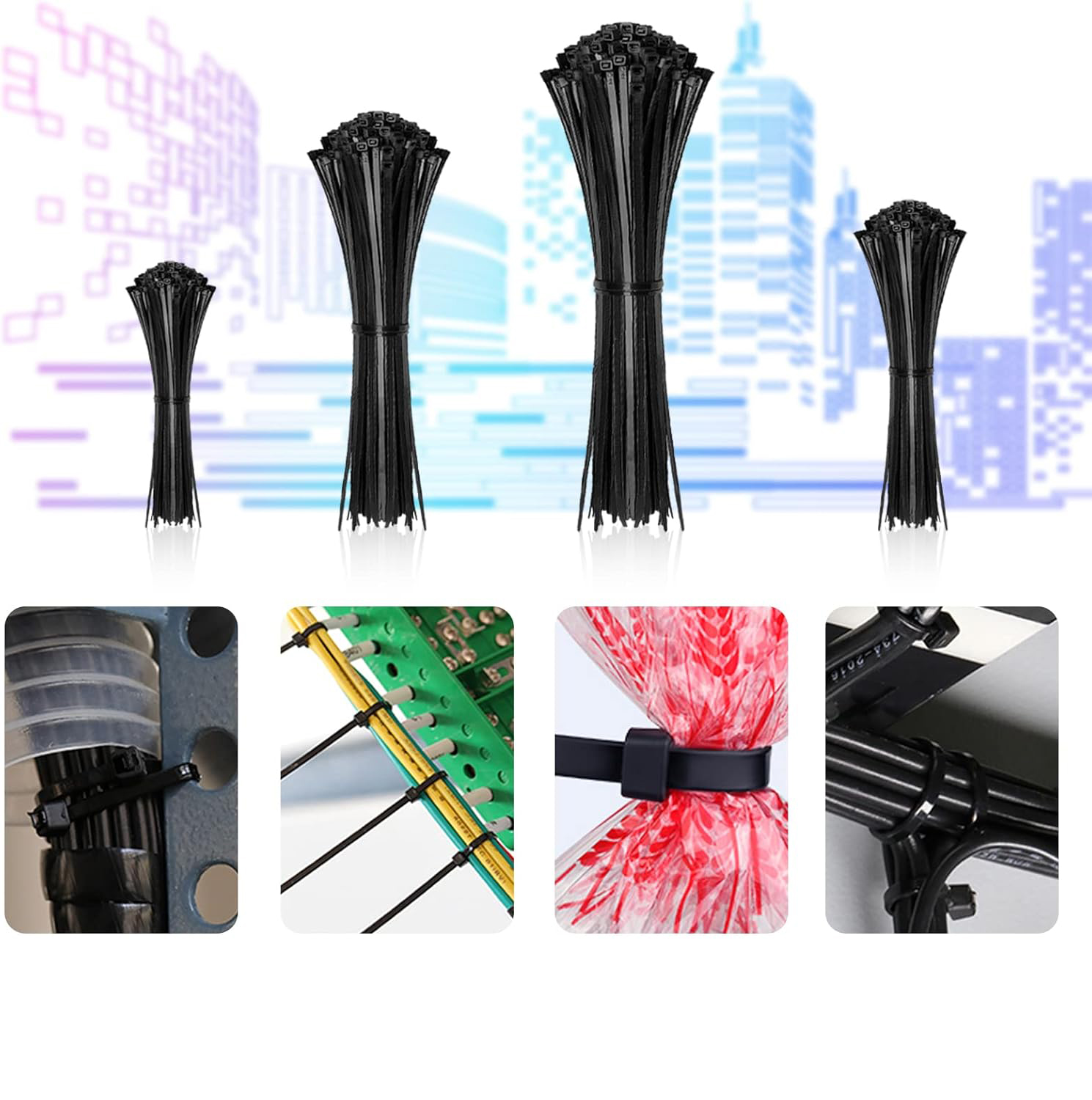 Opaski zaciskowe, 400 sztuk, czarne, dostępne w wielu rozmiarach, 12+8+6+4 cale, uniwersalne, samoblokujące opaski zaciskowe z nylonu, plastikowe opaski zaciskowe odpowiednie do domu, biura, ogrodu, warsztatu i innych miejsc