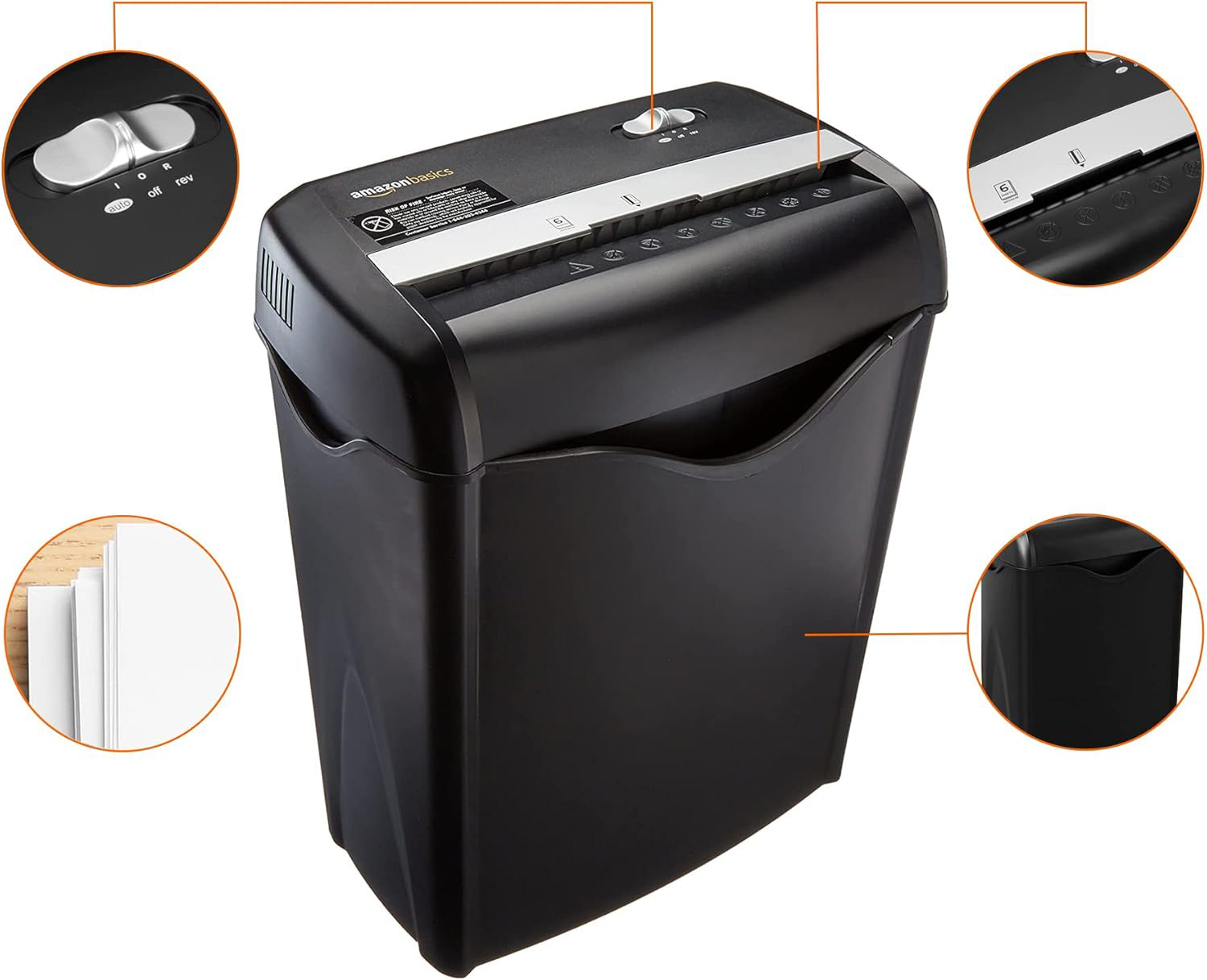 Podstawowa niszczarka do papieru i kart kredytowych do użytku domowego i biurowego, 6 arkuszy, z podajnikiem papieru o pojemności 3,8 galona, ​​czarna