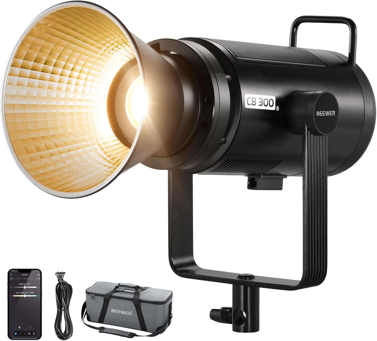 Luce video LED CB300B da 320 W con telecomando 2.4G/APP, illuminazione continua COB a due colori completamente in metallo, con base Bowens, 150.000 lux/1 m, 2700 K-6500 K CRI/TLCI97+, 12 effetti di registrazione video