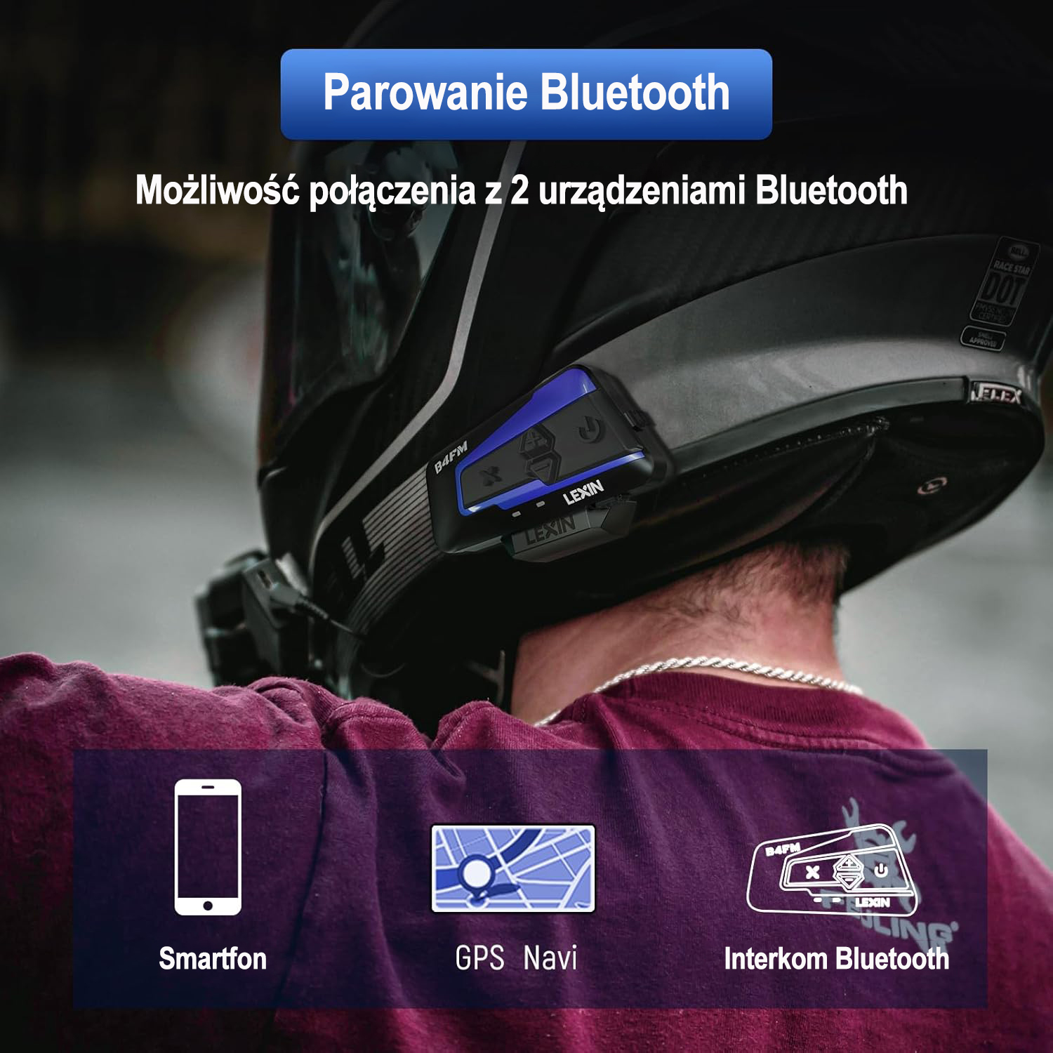 Lexin B4FM Interkom motocyklowy, zestaw słuchawkowy Bluetooth, komunikacja FM do kasków motocyklowych, łączność dla 4 osób, do jazdy konnej, jazdy na nartach