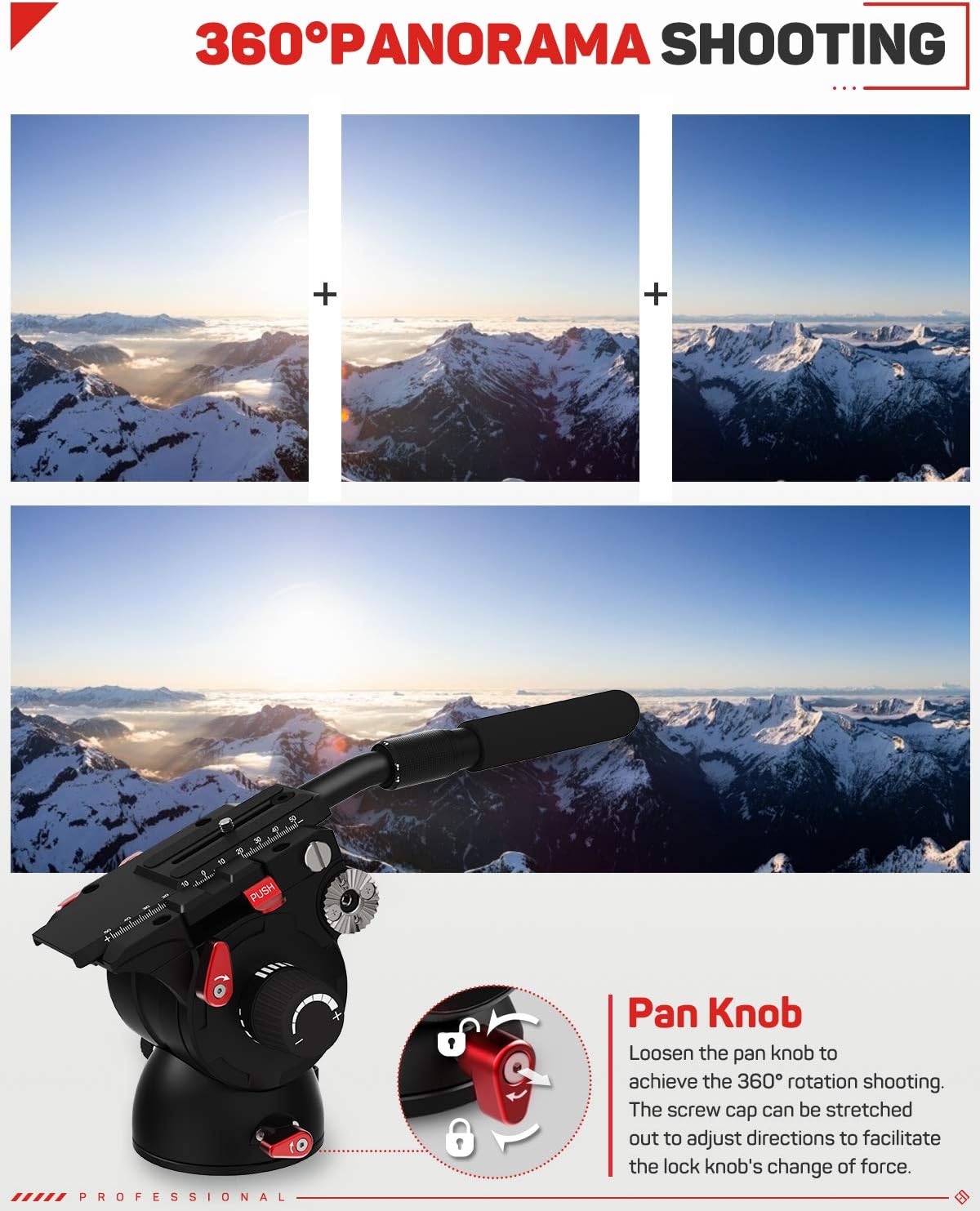 Testa fluida per treppiede per fotocamera con viti da 1/4" e 3/8", piastra a sgancio rapido scorrevole per riprese con fotocamere DSLR Canon, Nikon, Sony