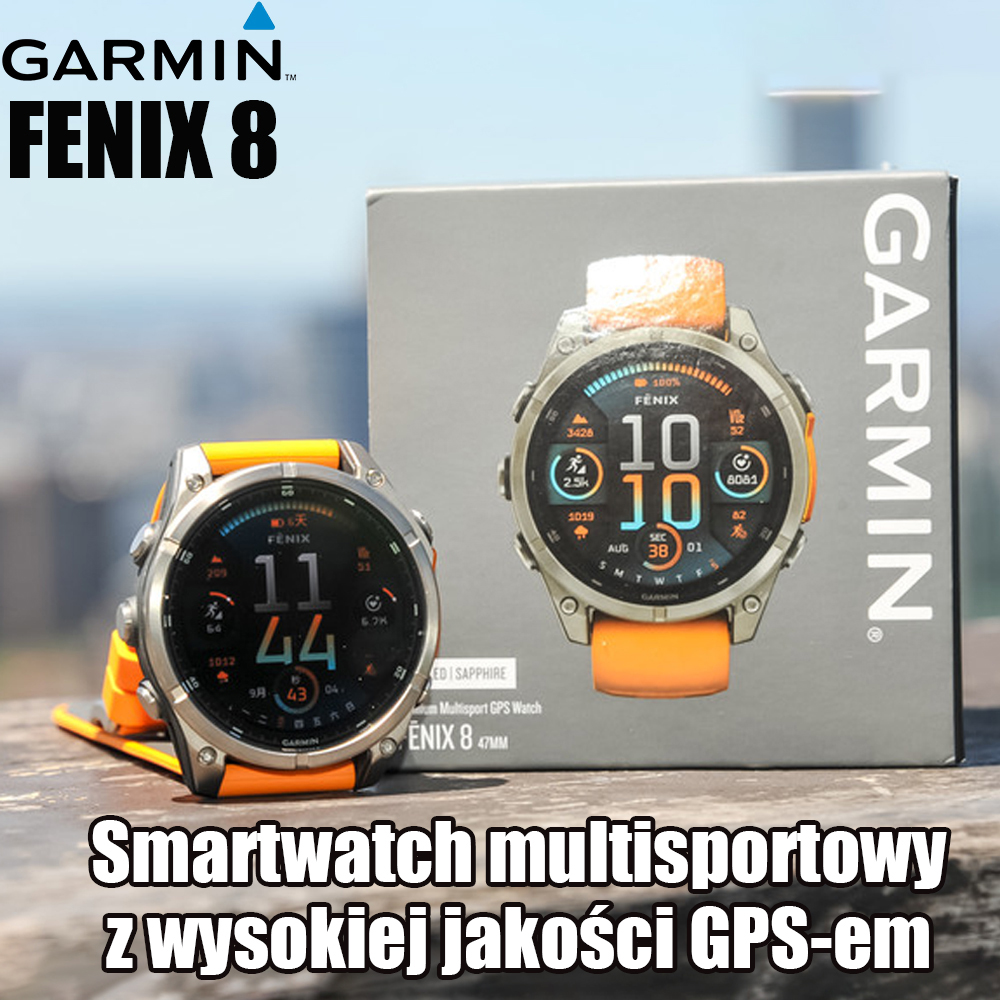 Garmin fēnix® 8, Premium Sapphire Solar-Powered GPS Multisport Smartwatch, Długotrwała bateria, Polecany do uprawiania sportu, Wbudowana latarka LED