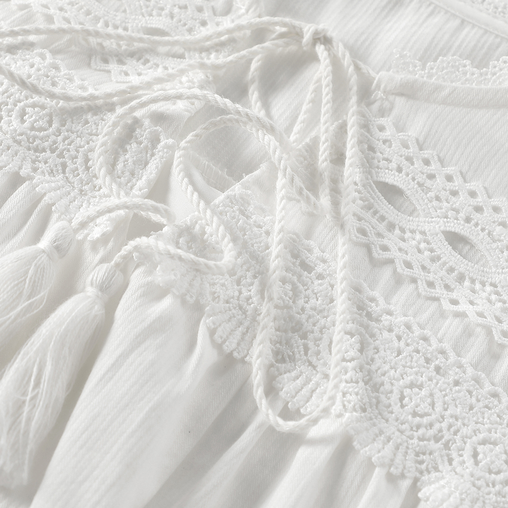 French Loose Lace Stitching Retro Pure White Dress