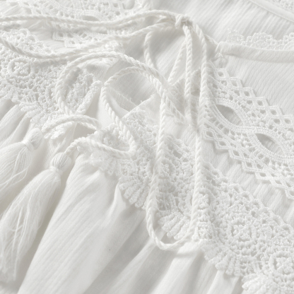 French Loose Lace Stitching Retro Pure White Dress