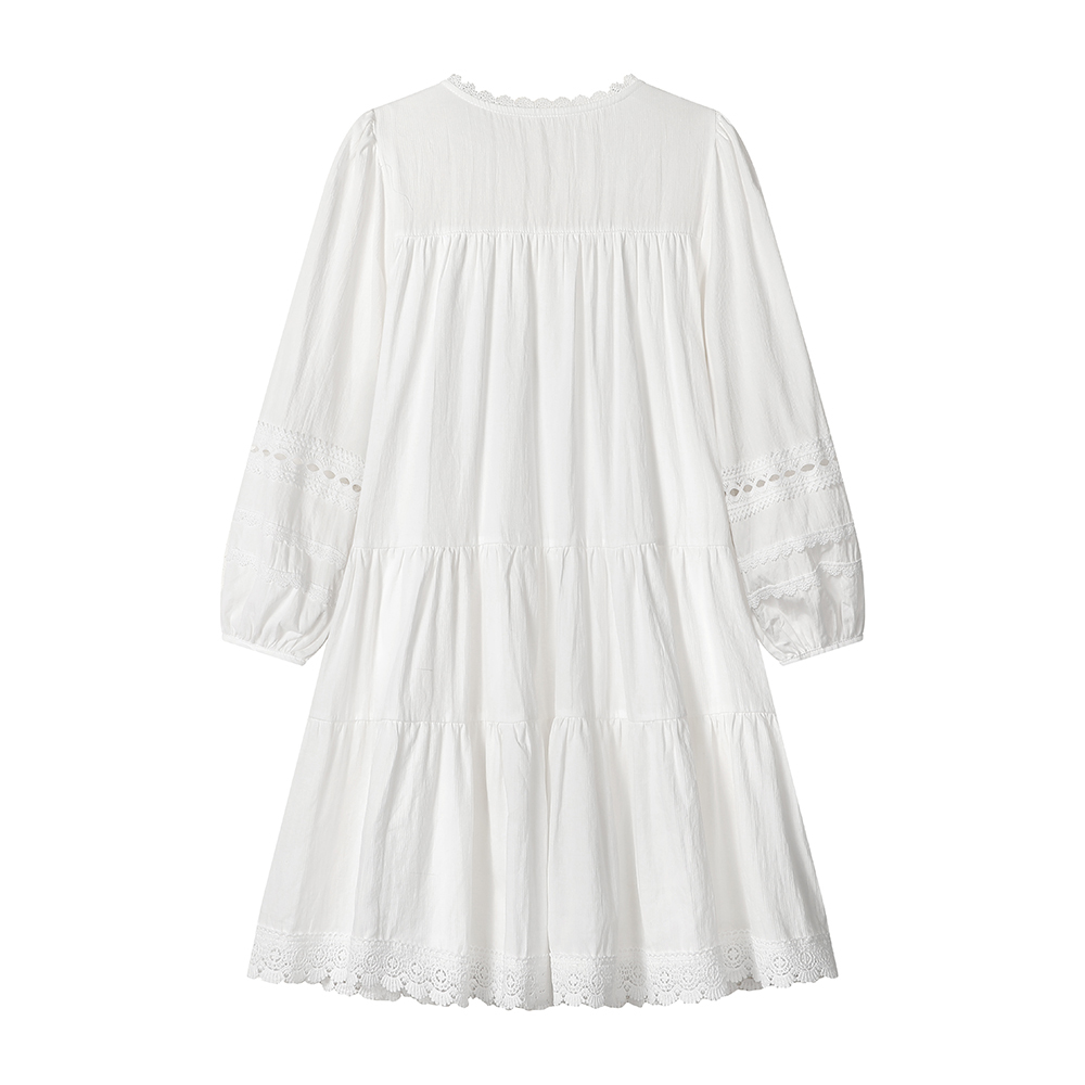 French Loose Lace Stitching Retro Pure White Dress