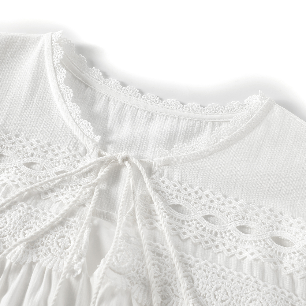 French Loose Lace Stitching Retro Pure White Dress
